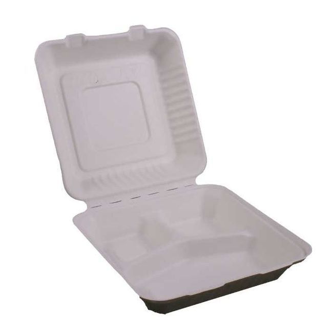 Kitch 24/7 White Compostable 3-compartment Molded Fiber Hinged Container, 9 X 9 In -- 200 Per Case