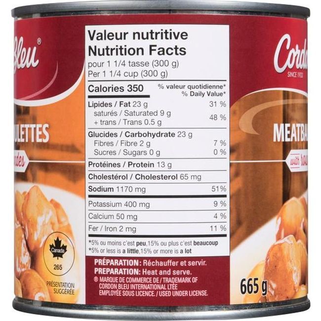 Cordon Bleu Boulettes De Viande En Sauce Avec Pommes De Terre Rondes, 665 G -- 12 Par Boîte