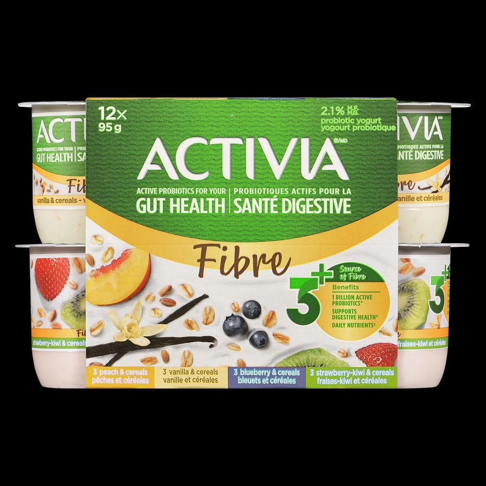 Activia Yaourt Aux Fibres, Pêche, Myrtille, Vanille, Fraise Et Kiwi, 95 G, 12 Unités -- 4 Par Boîte