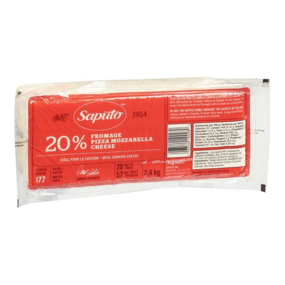 Saputo Fromage Mozzarella À Pizza À 20 % De Matières Grasses Laitières, 2,4 Kg – 10 Sachets Par Carton