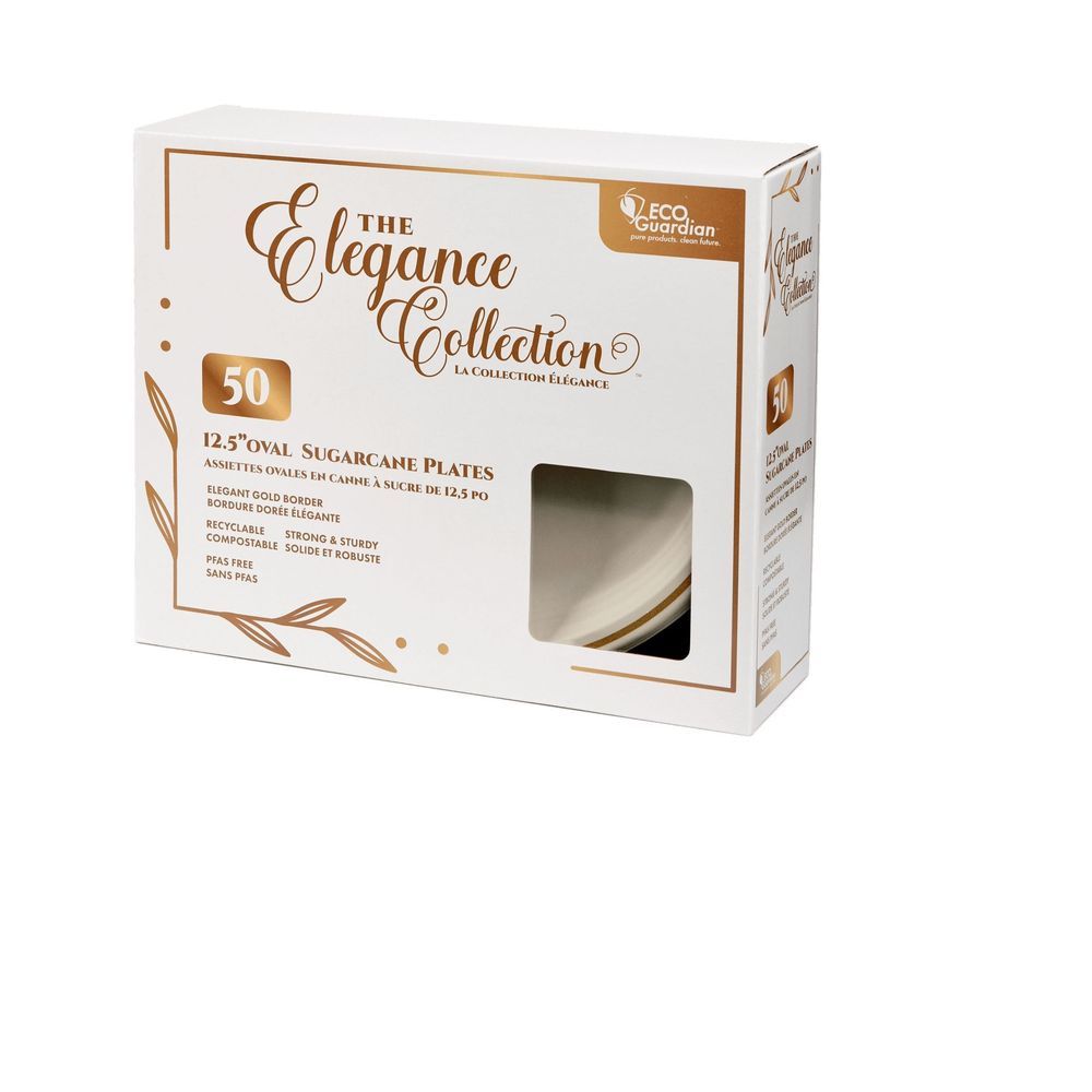 Eco Guardian Elegance Collection Compostable Bagasse Oval Gold Rim Plate, 12.5 Inch -- 400 Per Case