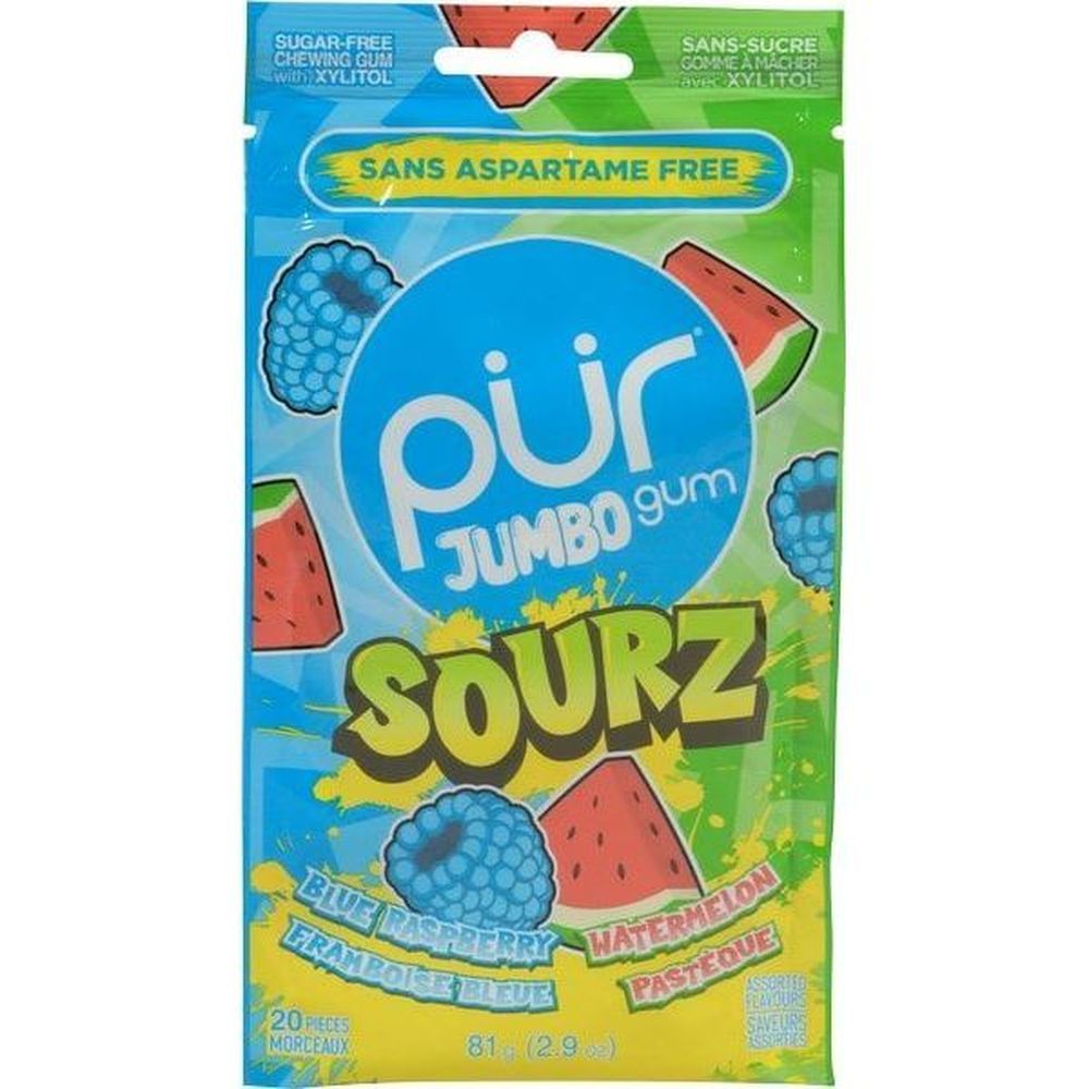 Pur Chewing-gum Jumbo Sourz Sans Sucre À La Framboise Bleue Et À La Pastèque, Au Xylitol, 81 G – 10 Par Boîte