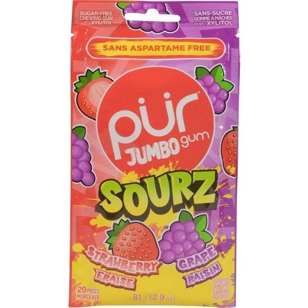 Pur Chewing-gum Jumbo Sourz Sans Sucre À La Fraise Et Au Raisin, Au Xylitol, 81 G – 10 Par Boîte