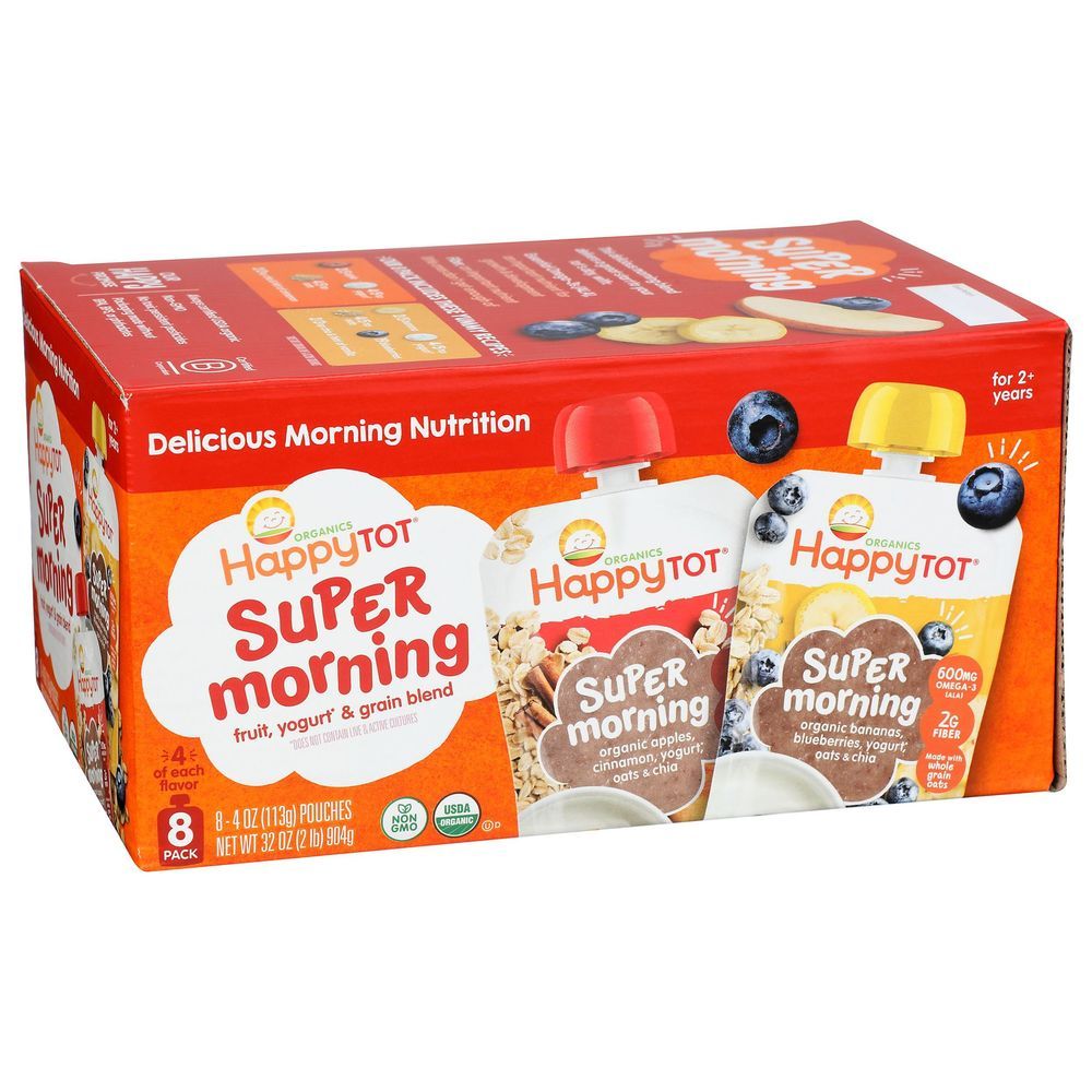 Happy Tot Organic Super Morning 4 Ounce Apples Cinnamon Yogurt Oats Chia And Bananas Yogurt Grain Blend Baby Food, 8 Count