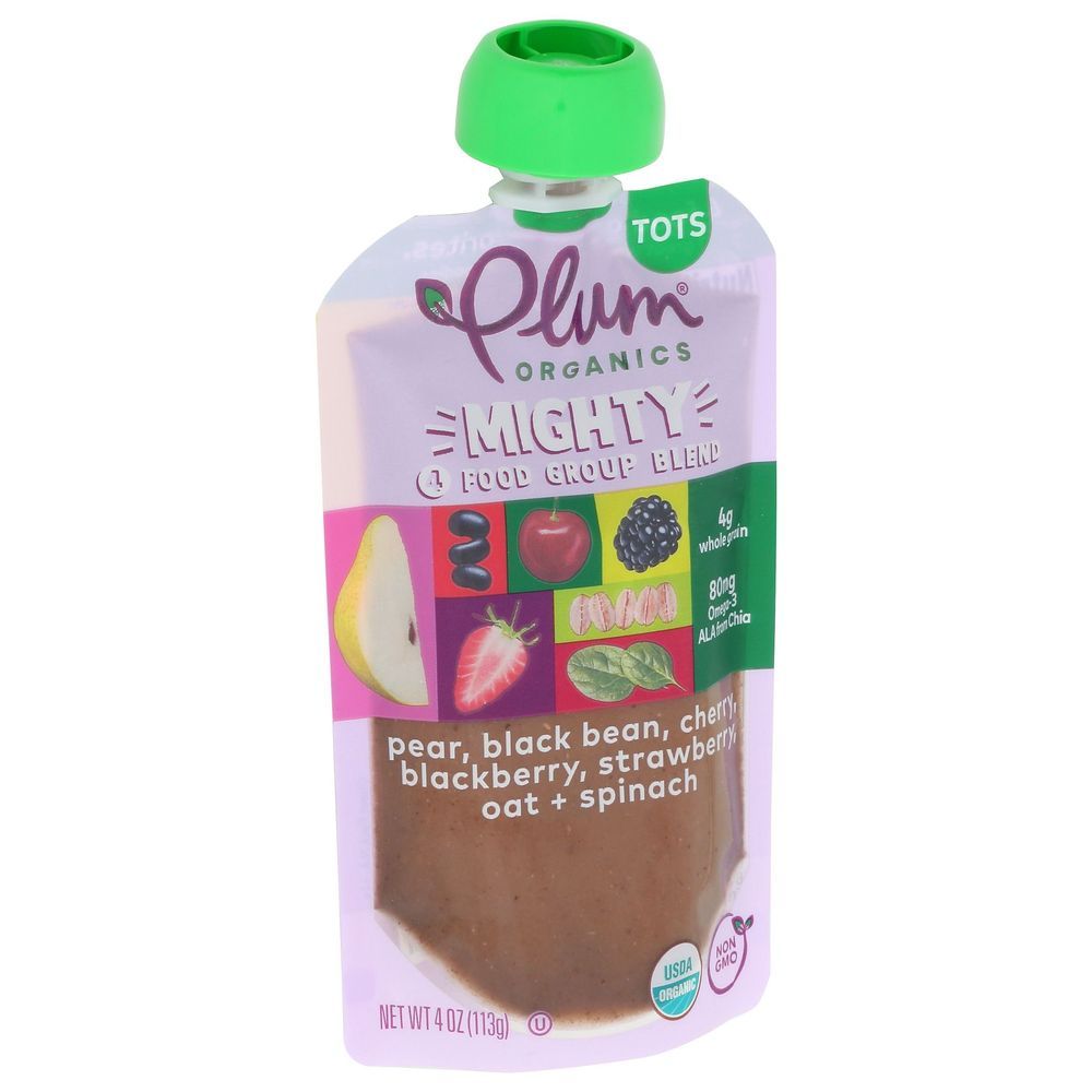 Plum Organics Mighty 4 Pear Black Bean Cherry Blackberry Strawberry Oat Spinach Baby Food For Tots, 4 Ounce -- 12 Per Case