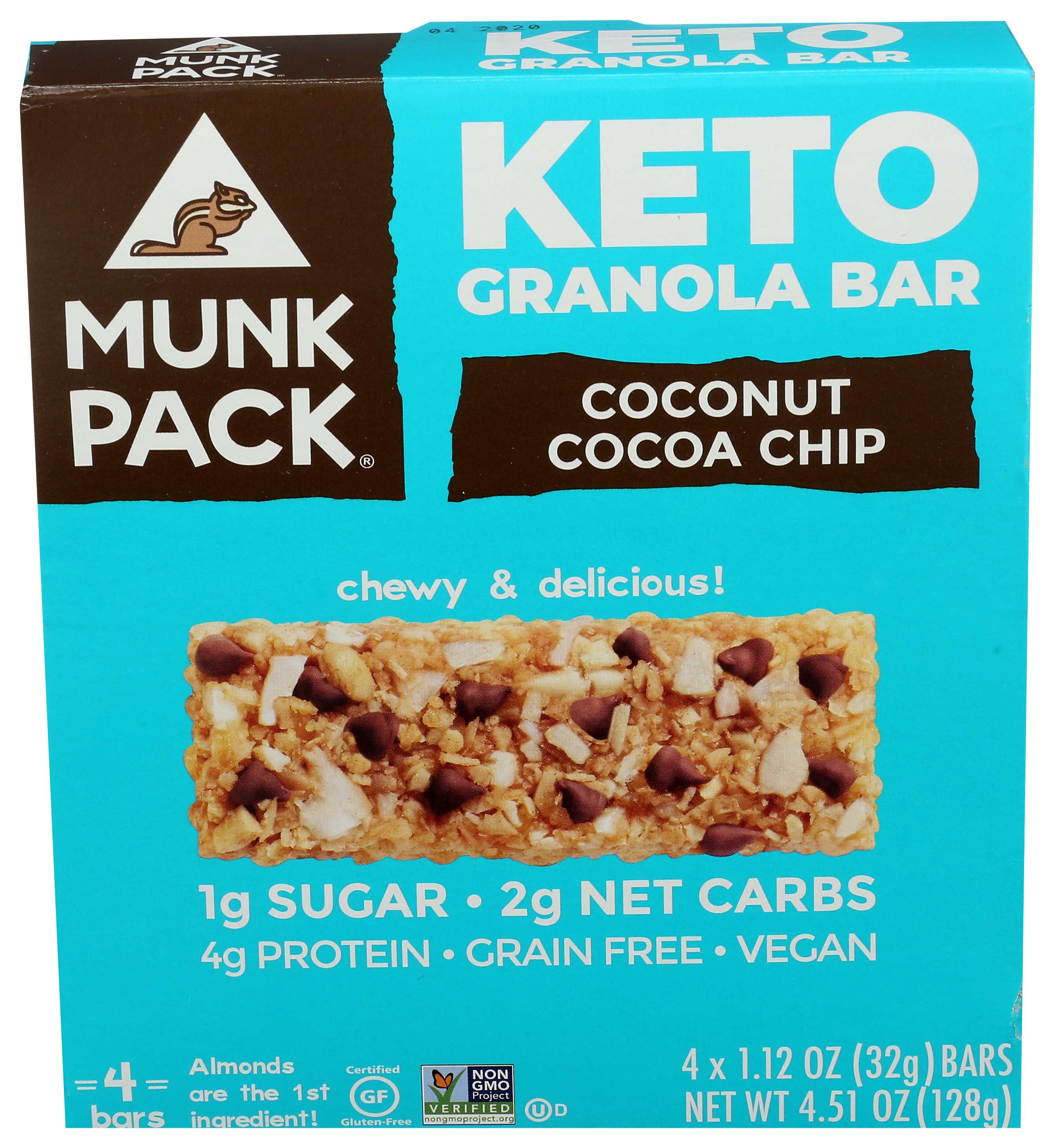 Munk Pack Coconut Cocoa Chip Keto Granola Bar, 1.12 Ounce, 4 Count -- 6 Per Case