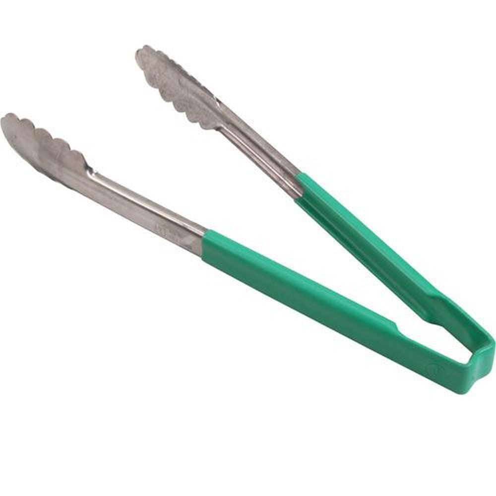 Vollrath 4781270 Stainless Steel Antimicrobial One Piece Scalloped Tong With Green Kool-touch Handle, 12 Inch Length