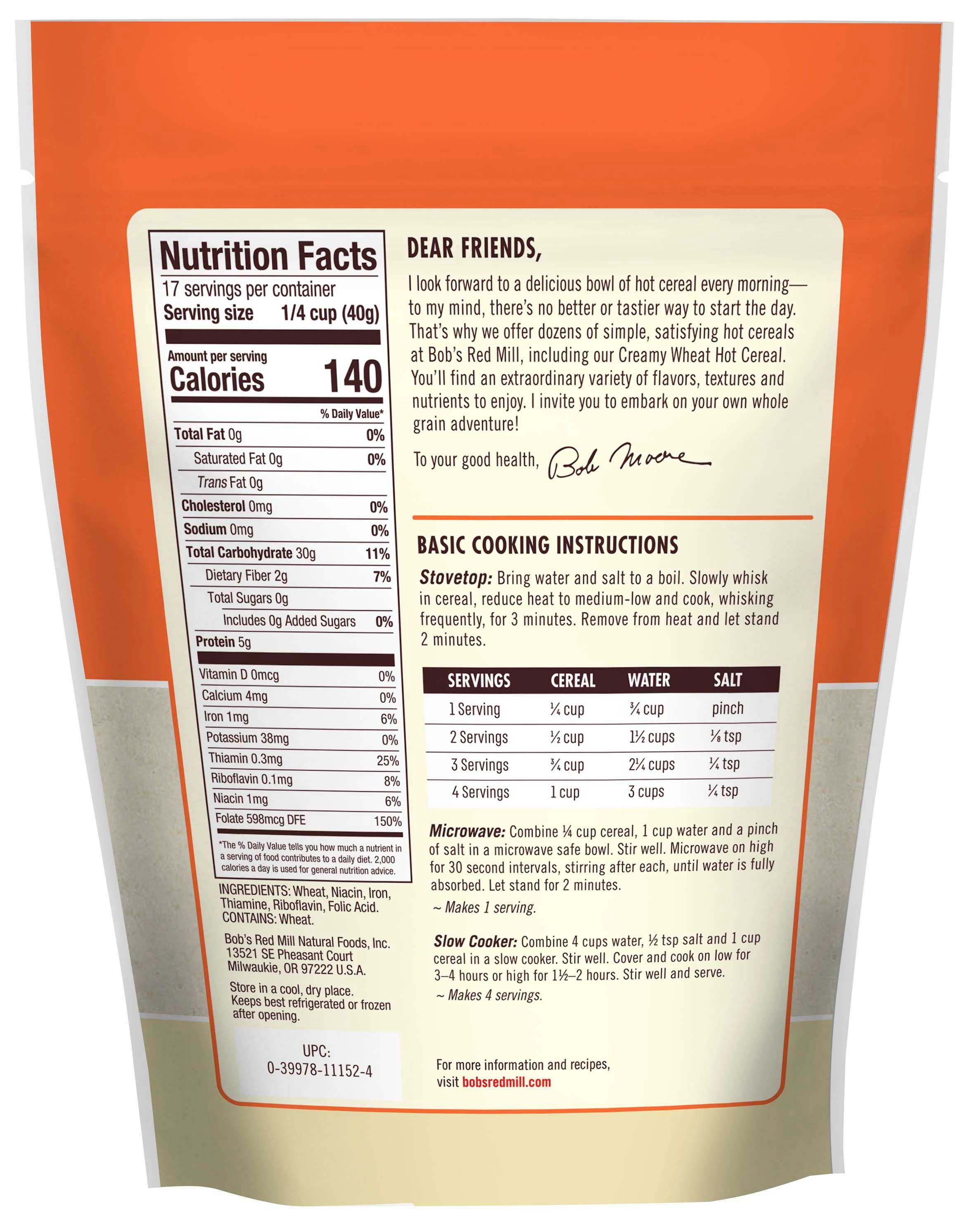 Bob's Red Mill Creamy Wheat Hot Cereal, 24 Ounce -- 4 Per Case