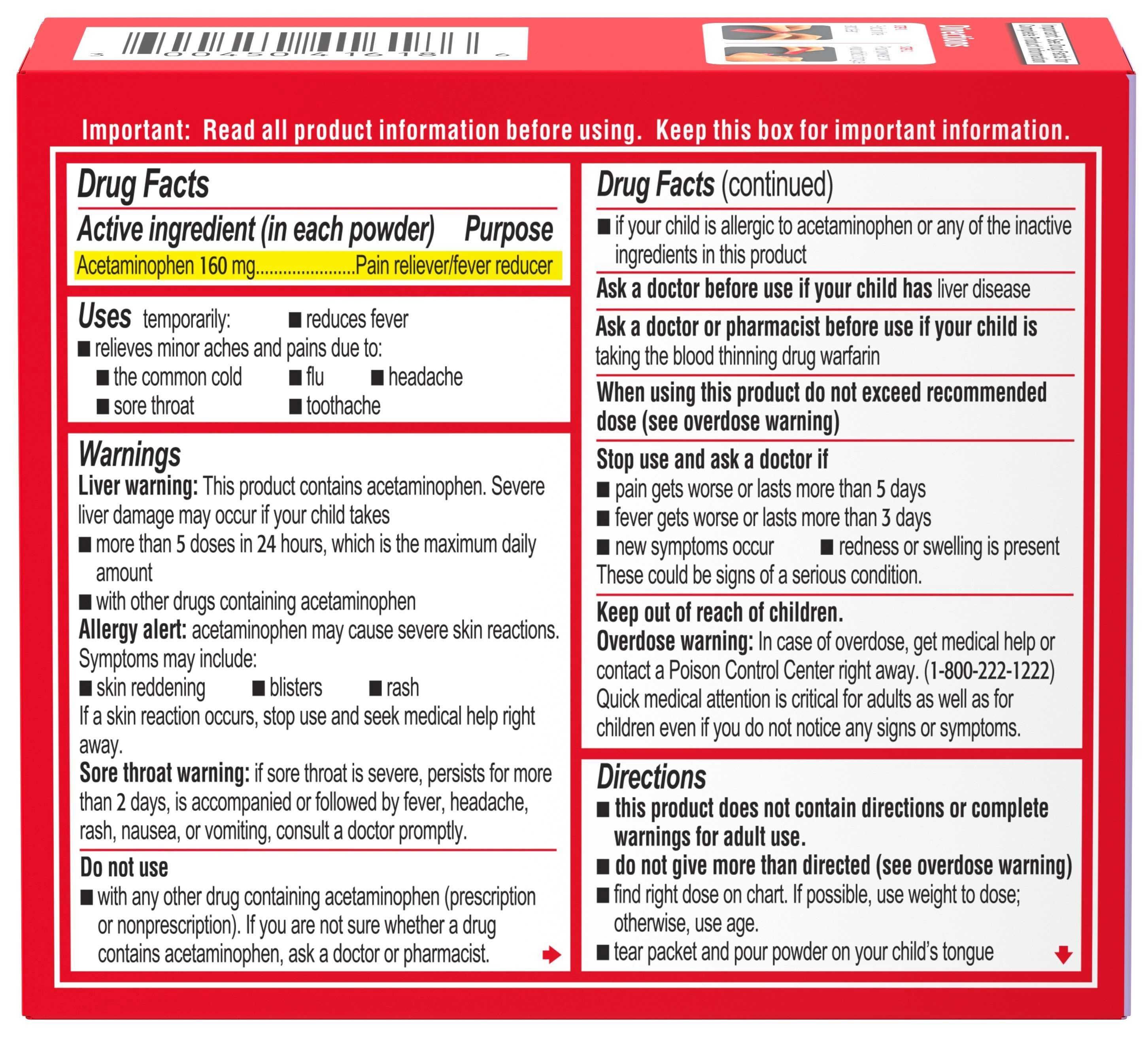 Children's Tylenol Berry Flavor Powder Pack, 18 Count -- 48 Per Case