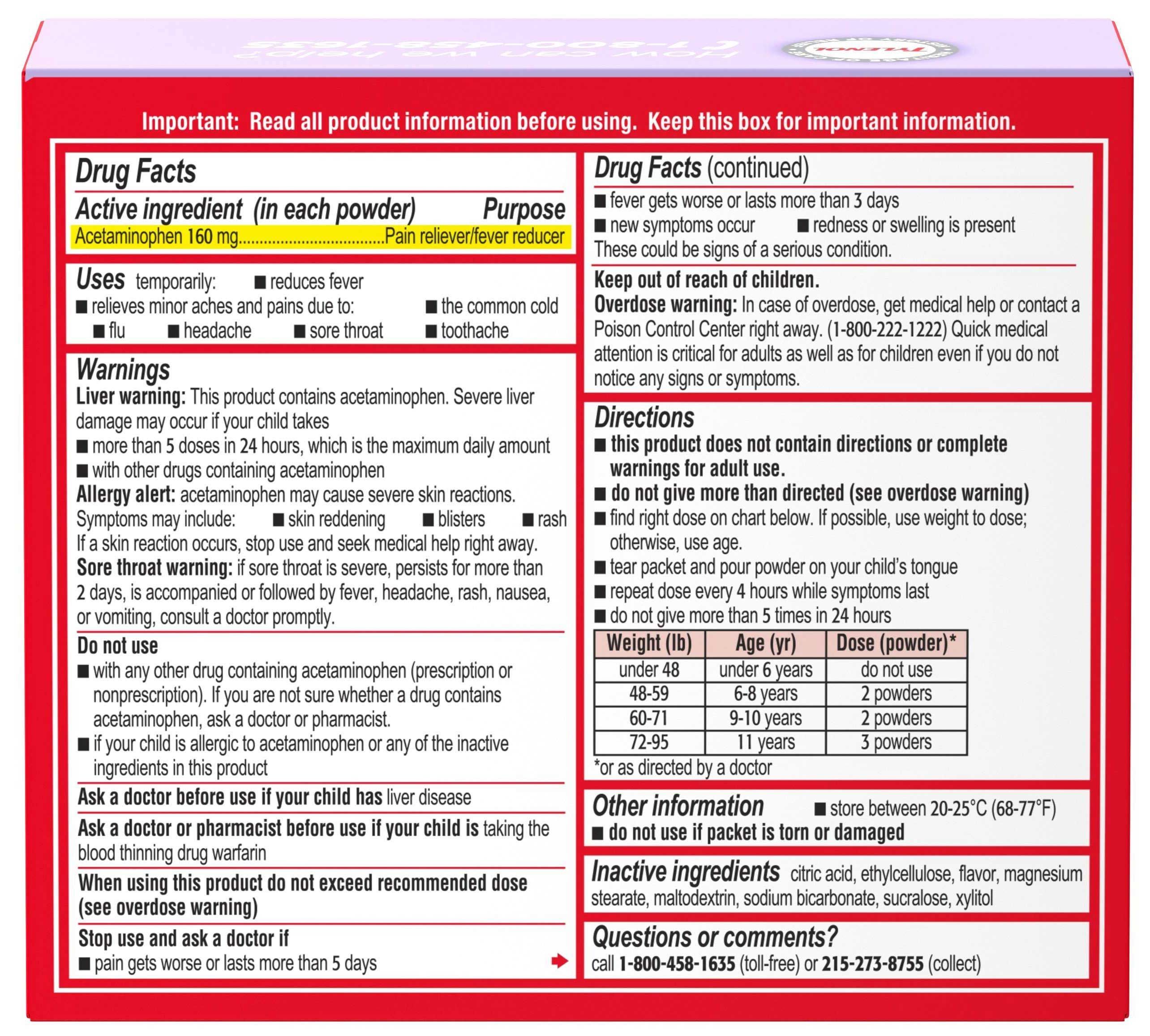 Children's Tylenol Berry Flavor Powder Pack, 30 Count -- 48 Per Case