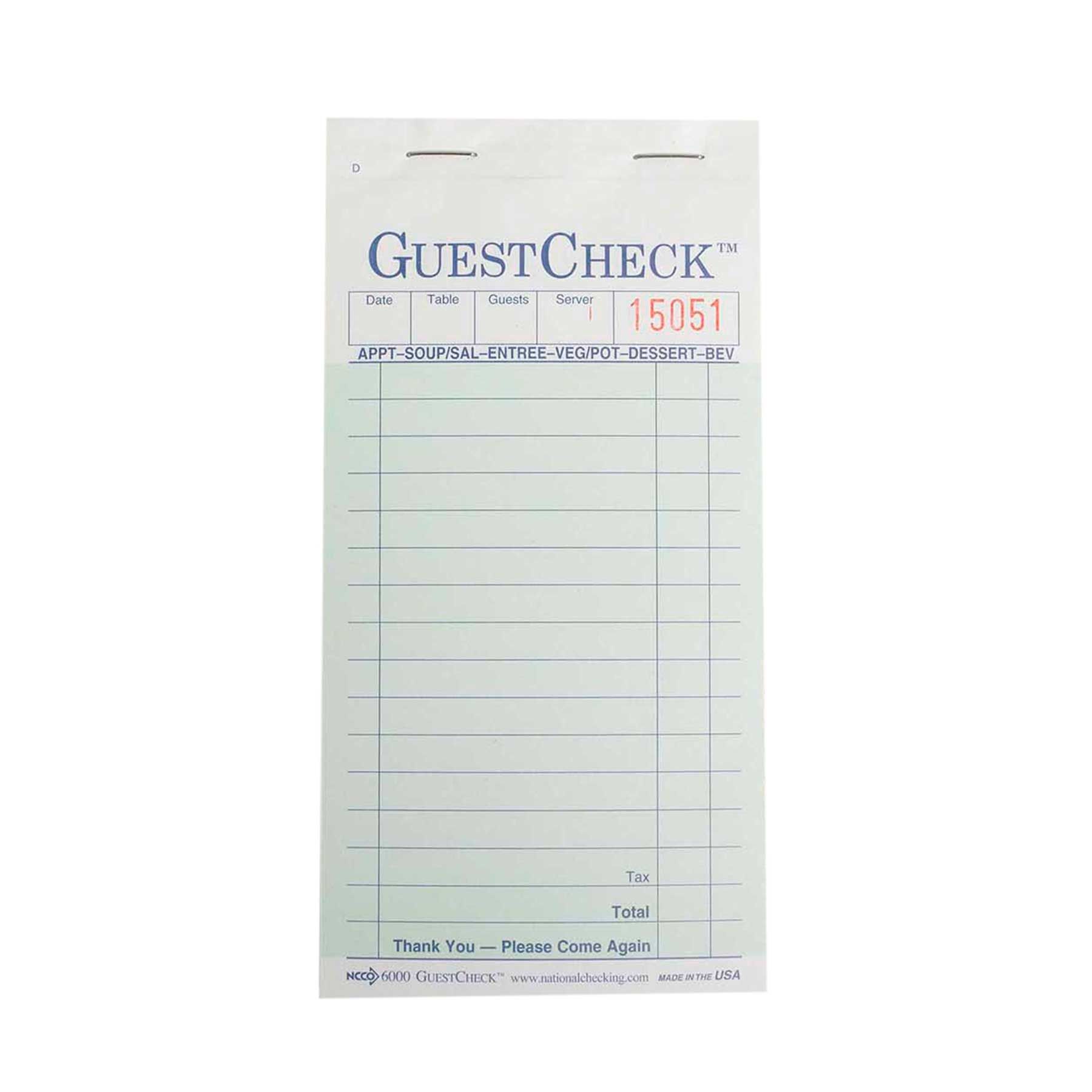 Ncco Interleaving Carbon Guest Check Paper, 2 Part Green, 17 Line, 3.5 X 6.75 Inch -- 2500 Per Case