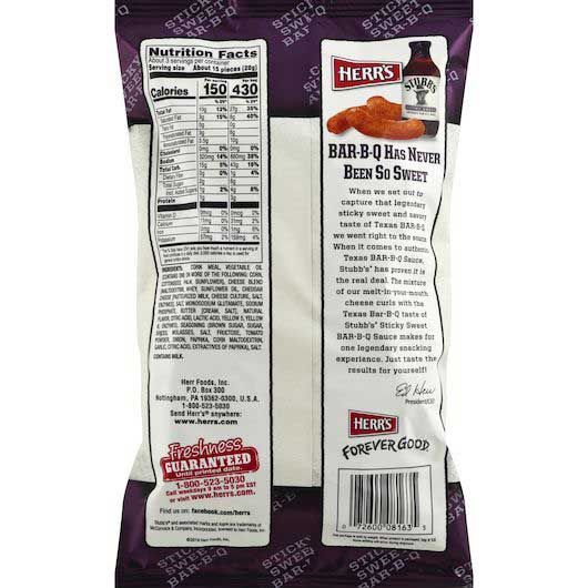 Herr's Foods Stubbs Sticky Sweet Bbq Cheese Curls, 2.75 Ounce -- 12 Per Case
