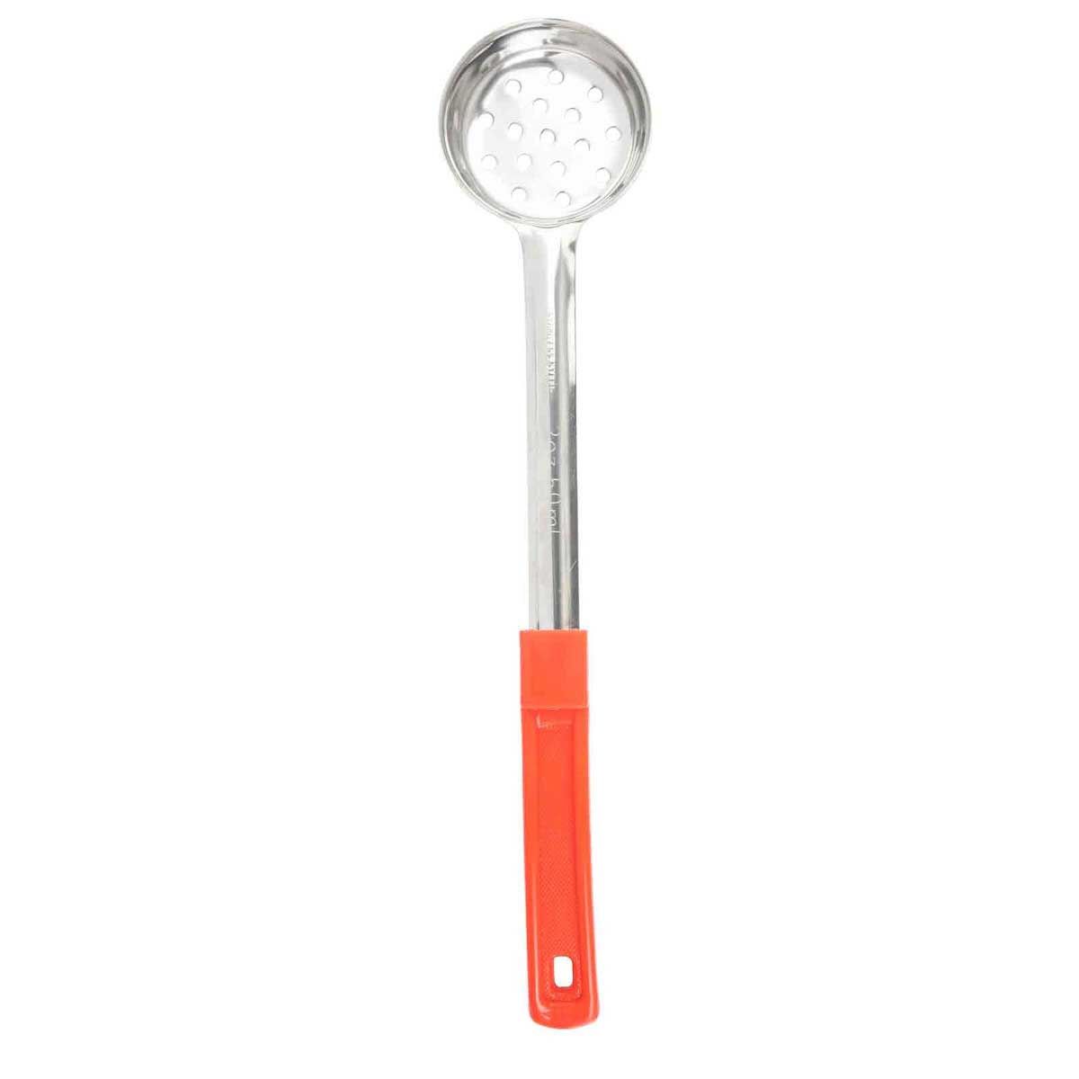 Tablecraft Stainless Steel Perforated One Piece Spoonout With 10.25 Inch Red Handle, 2 Ounce Capacity