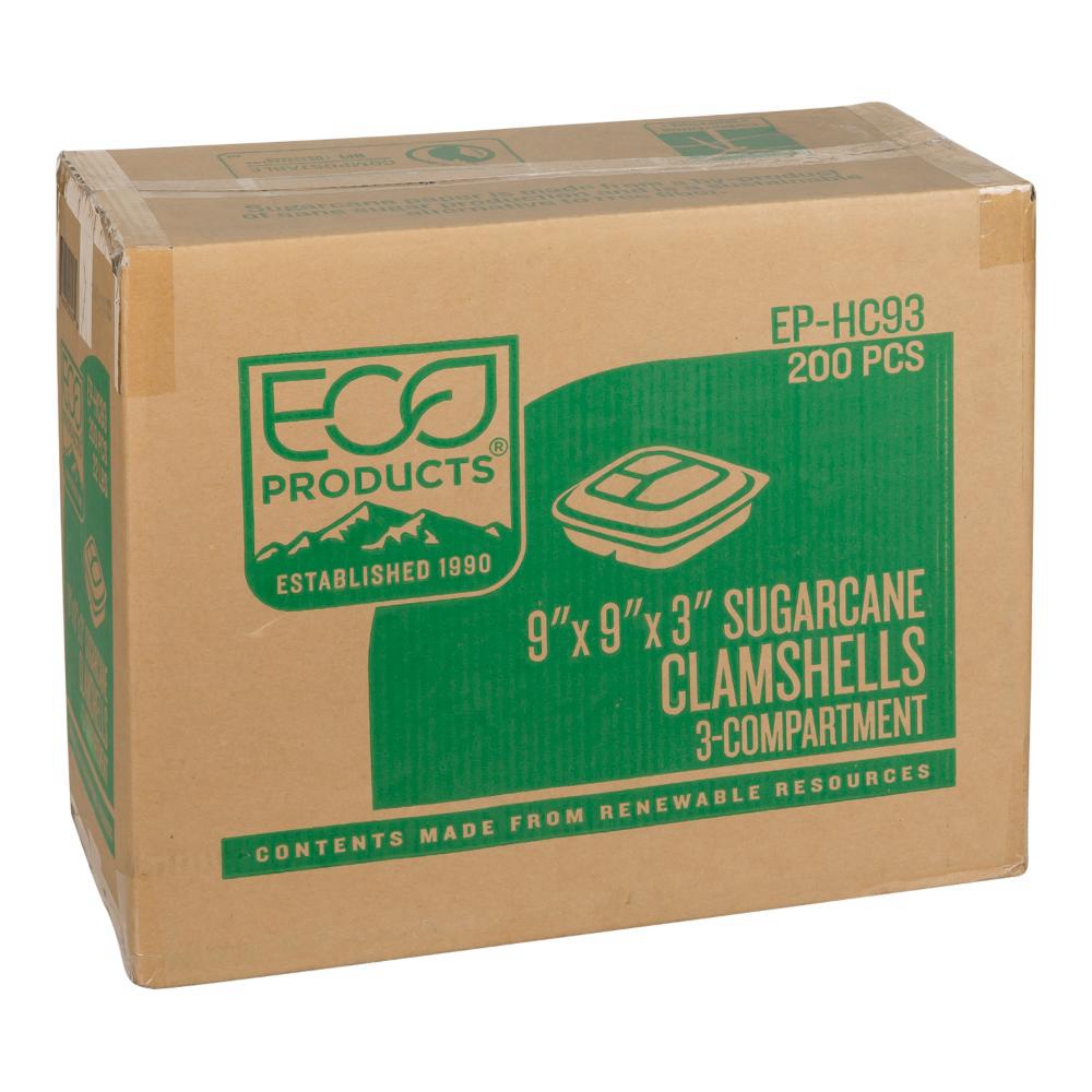 9 in Renewable and Compostable 3 Compartment Sugarcane Clamshell