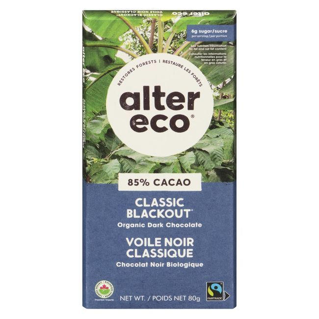 Alter Eco Organic Classic Blackout Dark Chocolate Bar, 80 G -- 12 Per Case