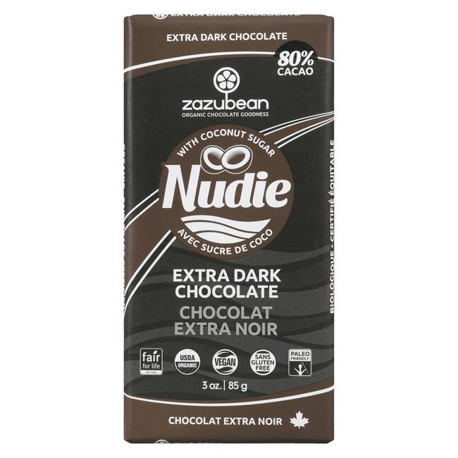 Zazubean Nudie 80 Percent Cacao Extra Dark Chocolate Bar, 85 G -- 12 Per Case