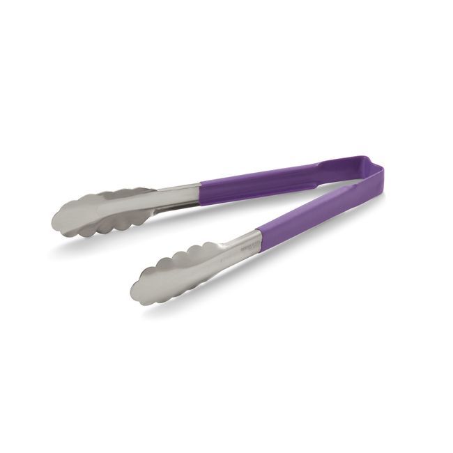 Vollrath 4780980 Stainless Steel Antimicrobial One Piece Scalloped Tong With Purple Kool-touch Handle, 9.5 In Length