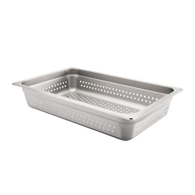 Browne 304 Stainless Steel 24 Gauge Anti Jamming Perforated Full Size Steam Table Pan, 4 In Deep