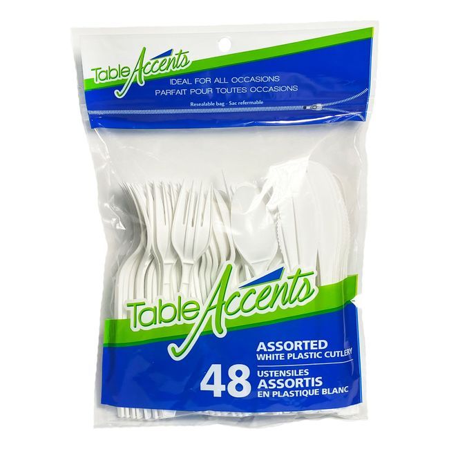 Table Accents Couverts Assortis En Polypropylène Blanc, 48 Pièces -- 36 Par Boîte