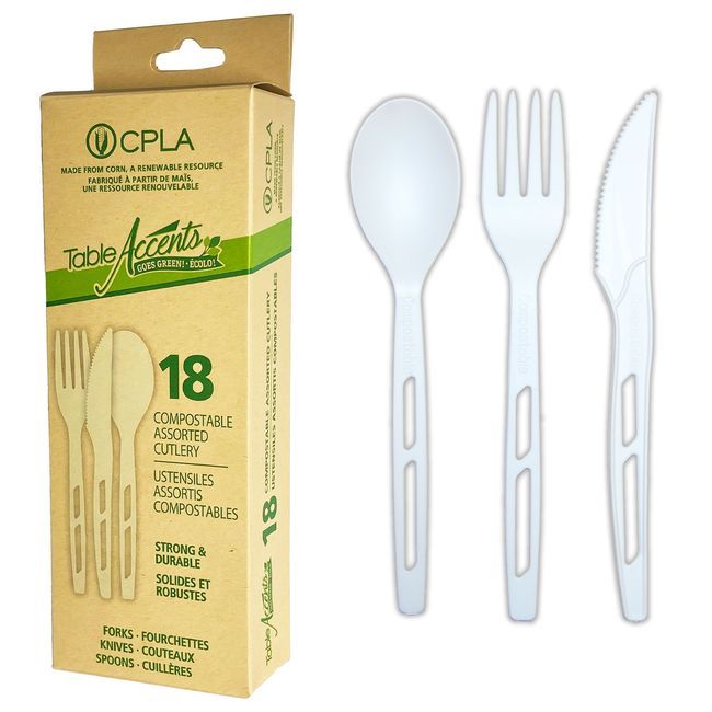 Table Accents Couverts Assortis Compostables, Solides Et Durables, 18 Unités -- 24 Par Boîte