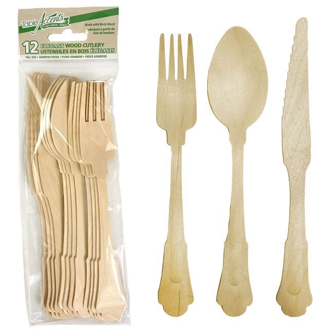 Table Accents Couverts Élégants Assortis Avec Manche Renforcé En Bois De Bouleau, 12 Unités -- 18 Par Boîte