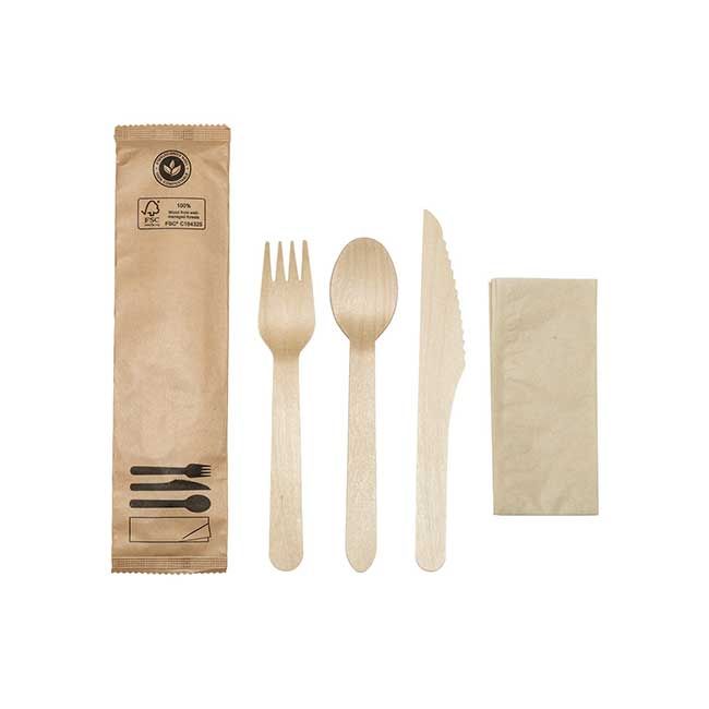Galligreen Wooden Cutlery Kit With Fork Knife Spoon And Napkin -- 500 Per Case