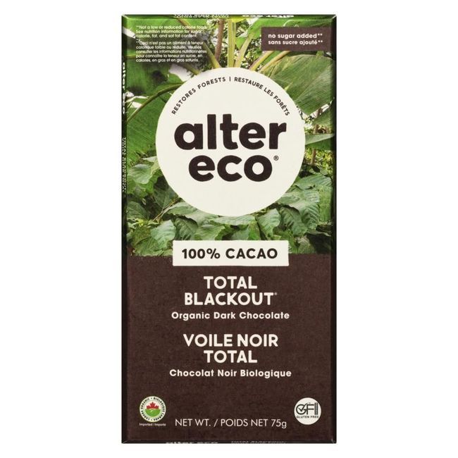 Alter Eco Total Blackout 100 Percent Cacao Dark Chocolate Bar, 75 G -- 12 Per Case