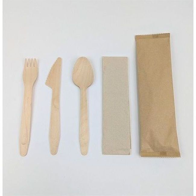 Somi Natural Paper Wrapped Wooden Fork Knife And Spoon Cutlery Kit With 2 Ply Napkin -- 500 Per Case