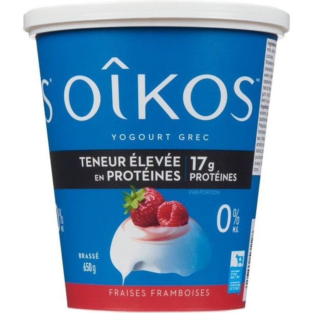 Oikos 0 Percent Milk Fat High Protein Blended Strawberry Raspberry Greek Yogurt, 650 G -- 6 Per Case