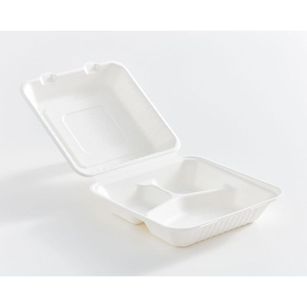 Eco Guardian Conteneur À Charnière À 3 Compartiments En Fibres De Bagasse Compostables, 23 X 23 X 8 Cm – 200 Unités Par Carton