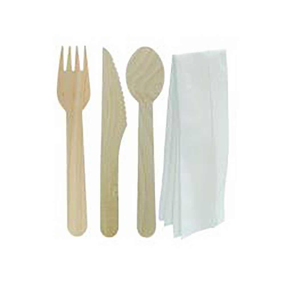 Ecosystems Brown Wrapped Wooden Fork Knife Teaspoon And Napkin Cutlery Kit -- 500 Per Case