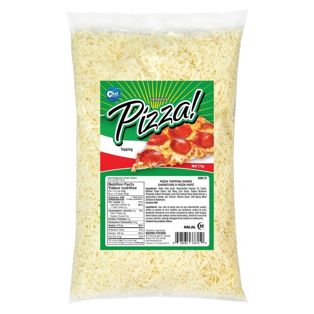 Chef Nutri Garniture Pour Pizza Façon Mozzarella Râpée, 2 Kg – 4 Sachets Par Boîte